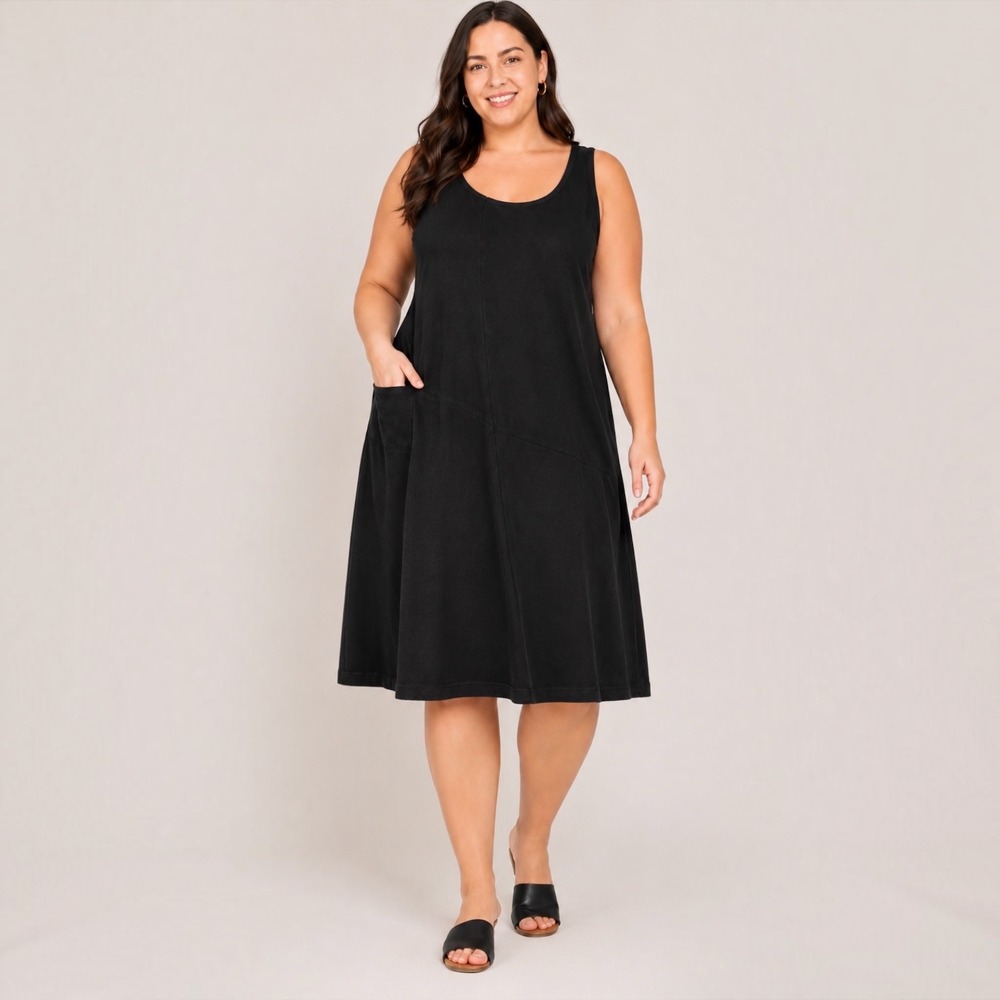 Habitat Black Cotton Slub Sleeveless Midi Dress L Asymmetric Pocket Lagenlook